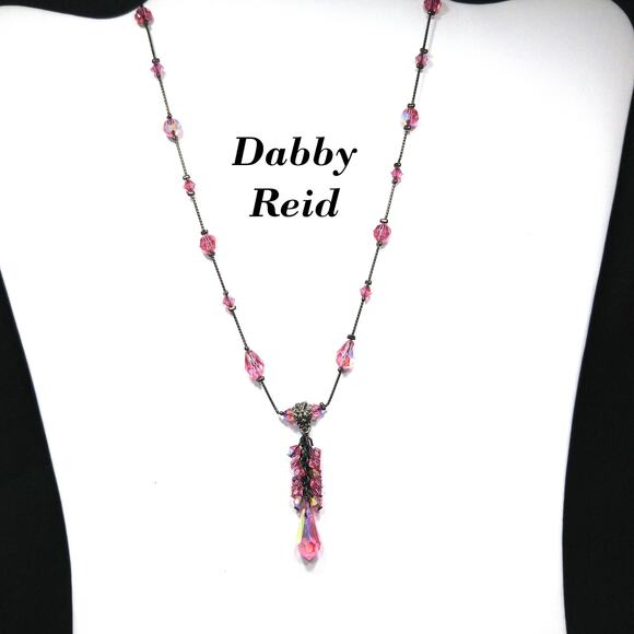 Dabby Reid Pink Swarovski Crystal Necklace AB Beads Dark Chain Vintage Jewelry